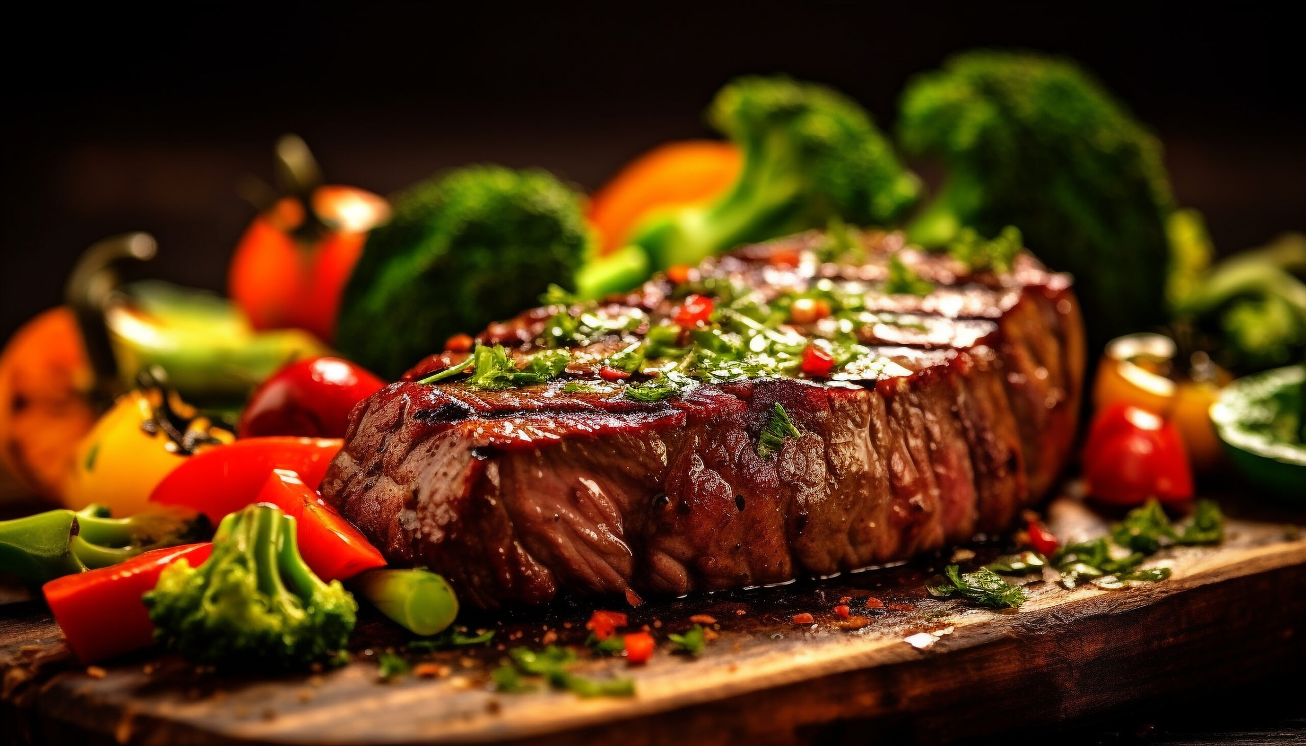 Gegrilltest Steak mit Gemüse auf einem Holzbrett